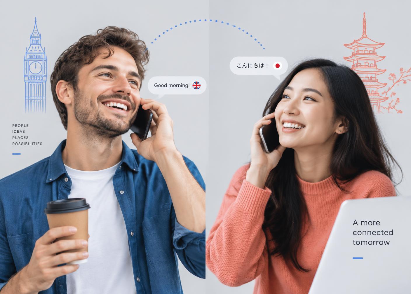 Two people from different countries chatting on their phones